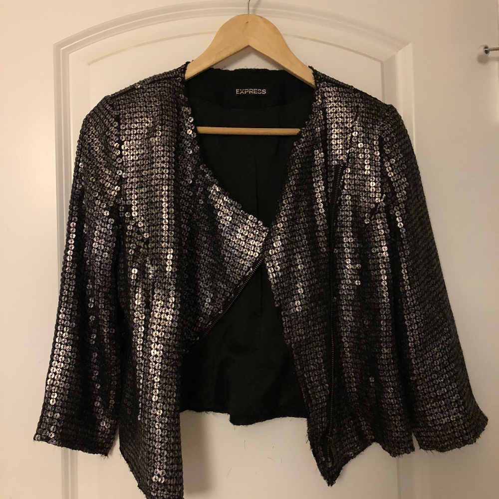 Express Silver Gray Sequin Moto Jacket XS WornOnce